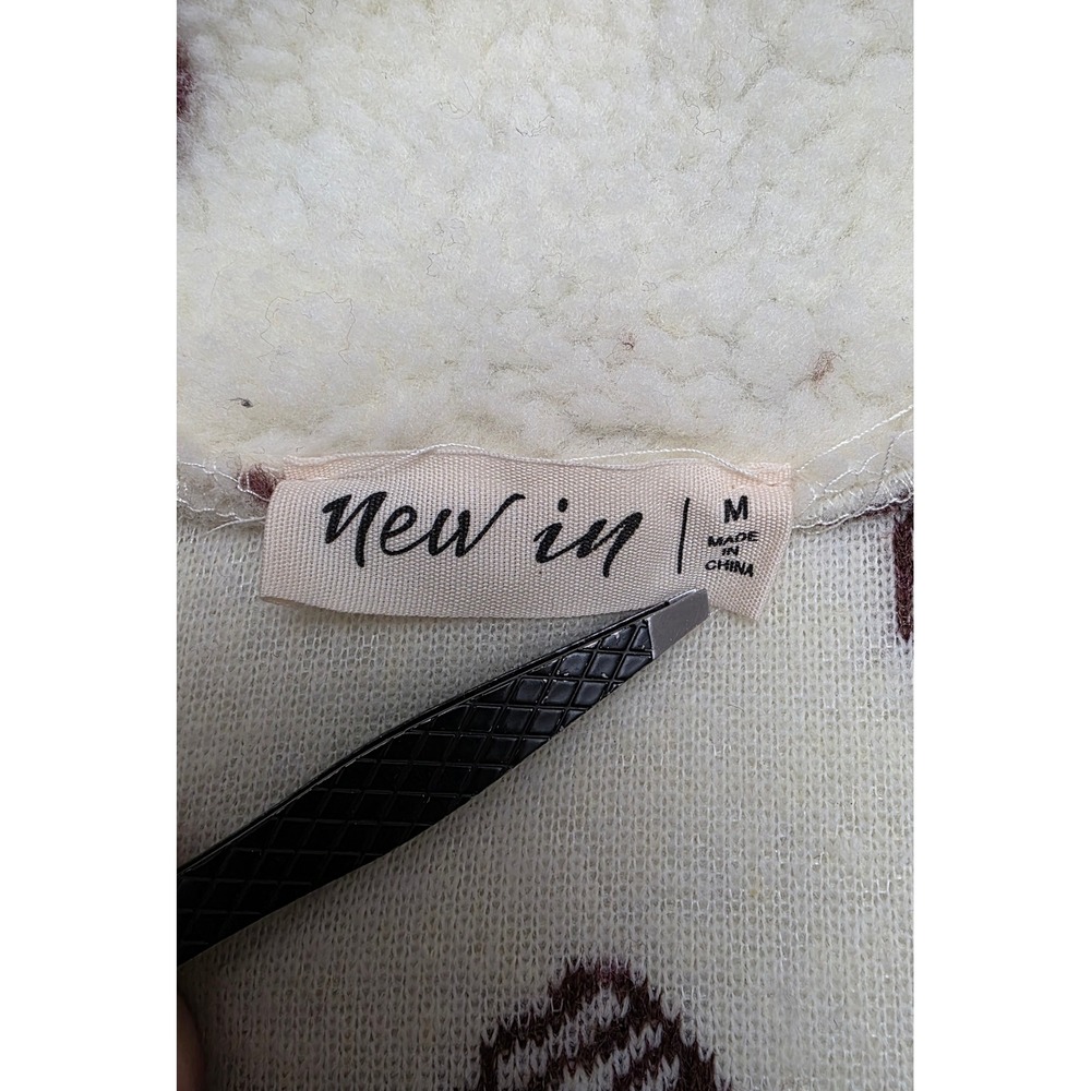 New In Women Medium Bow Print Quarter Zip Fleece Sherpa Pullover Cream brown - Picture 3 of 3